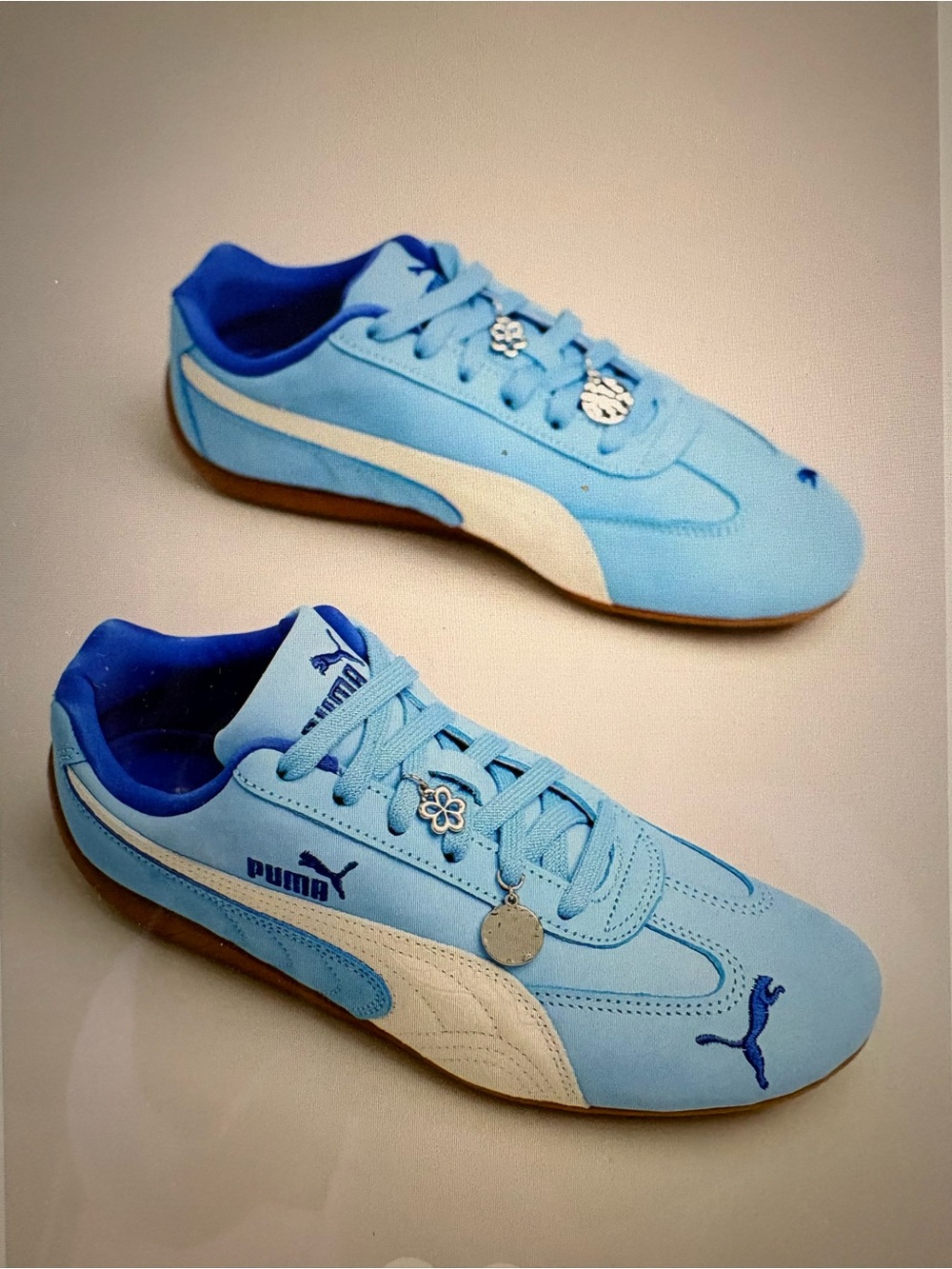 Puma Light Blue and White Suede Lace-Up Sneakers